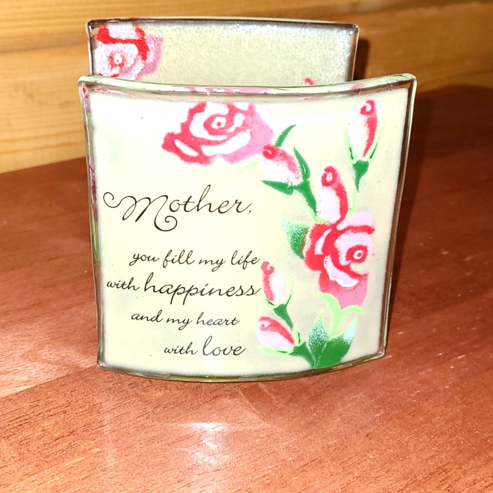 Gift for Mother or Mom Tea Light Candle Holder Decorative Glass Pink Roses 2006